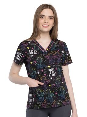 Disney Mickey Loves Minnie Scrub Top Large Rainbow Hearts Black Pride Nurse